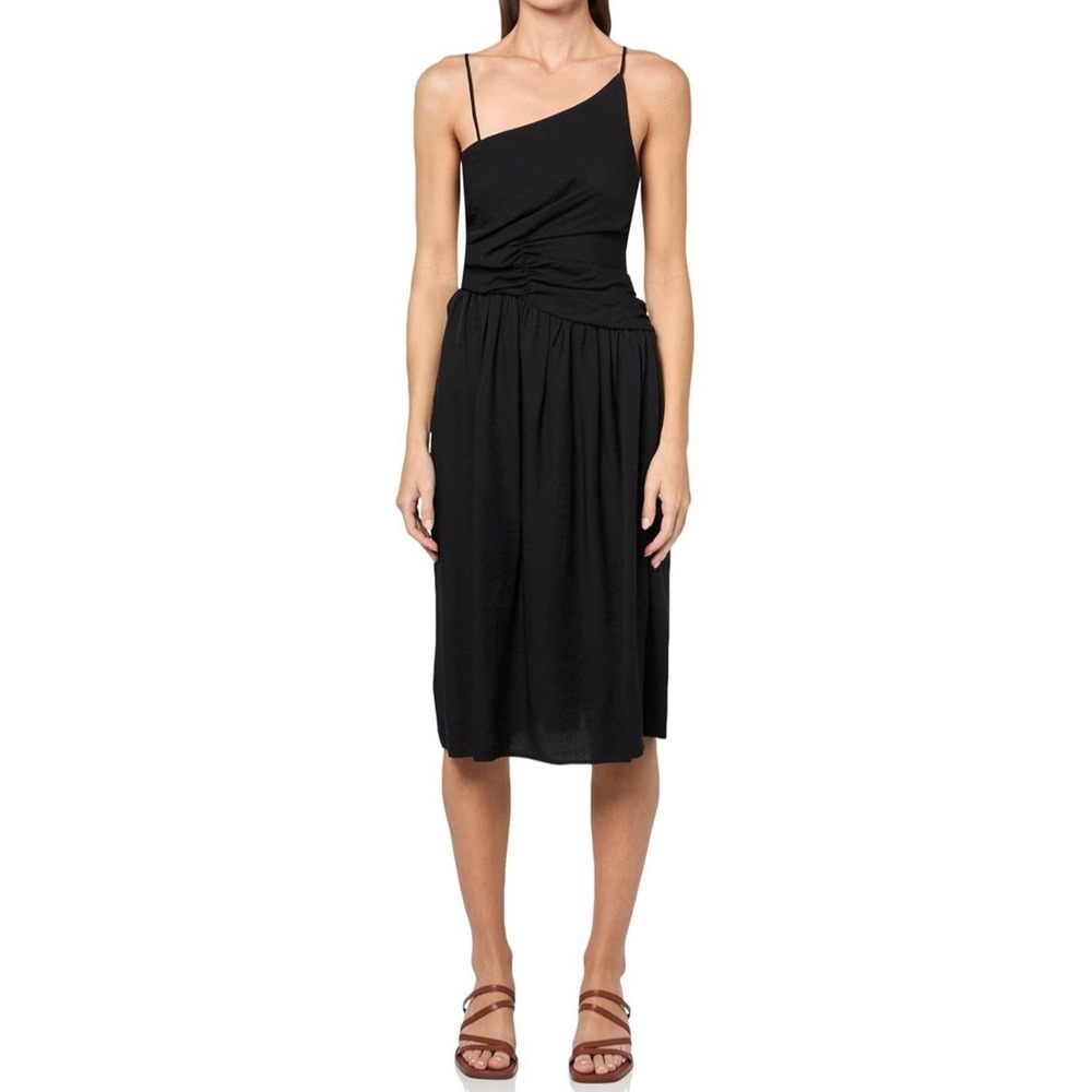 NEW BCBG New York Sleeveless Asymmetrical Neck Open Back Midi Dress‎ Sz 12 Black